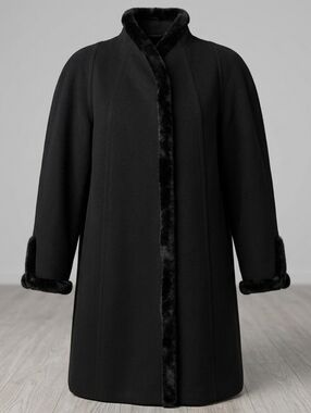Vintage Jones New York Cashmere Merino Wool Women's Black Coat Faux Fur Trim Sz8